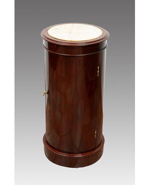 Antique Empire mahogany cylinder bedside table with white marble top. France, 19th century.