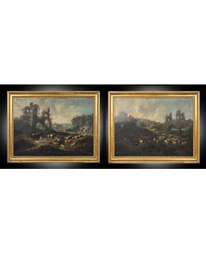 Pair of antique oil on canvas paintings with contemporary frames depicting Ponte Mammolo and a Roman landscape with ruins, attributed to "Domenico Brandi." Naples, early 18th century.