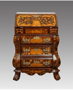 Antique Dutch drop-front desk in fine woods from the early 19th century.