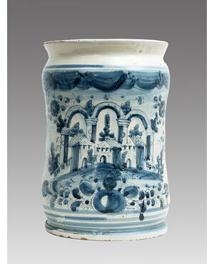Albarello/Vaso antico in maiolica smaltata raffigurante paesaggio con rovine. Napoli XVIII secolo.