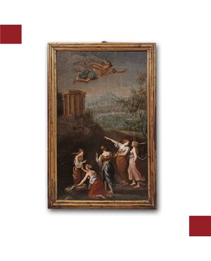OIL PAINTING ON WOOD PANEL MERCURY AND THE DAUGHTERS OF CECROPS LATE 18TH CENTURY