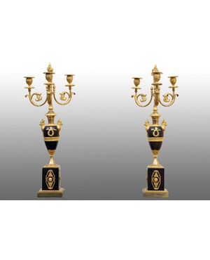 Pair of gilt and patinated bronze candlesticks