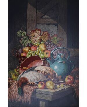 Charles Thomas Bale; Londra 1849 - Londra 1925; Natura morta con uva e cacciagione; olio su tela