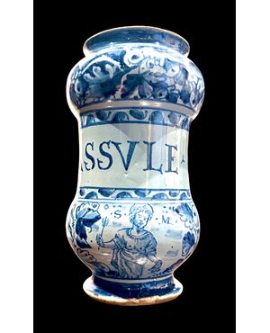 Albarello in maiolica a ‘rocchetto’ con figura di santo.Roma.