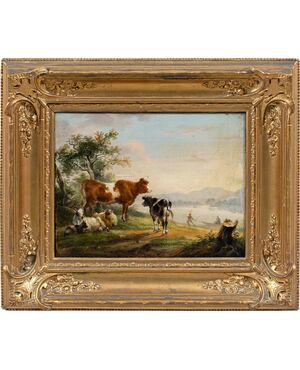 Italian painter (late 18th - early 19th century) - Landscape with cows, goats and boat.