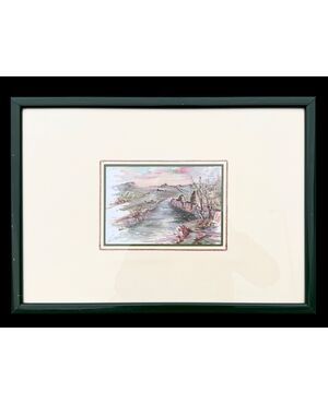 Oil painting on board depicting a landscape with river.