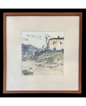 Watercolor-charcoal on paper depicting a rural landscape with a house. Signed.