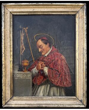 Dipinto olio su tela raffigurante San Carlo Borromeo.