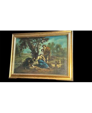 Dipinto Pastorale “Paesaggio con figure” del XIX Secolo – Olio su Tela con Cornice Dorata