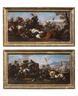 Jacques Courtois Il Borgognone (1621-1676) - Coppia di battaglie