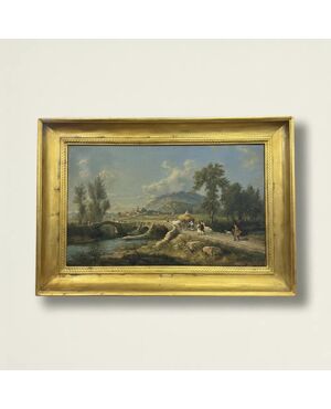 
Paesaggio con Ponte ad Olio su Tela, Scuola Italiana - XIX Sec.