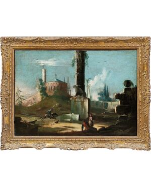 Antonio Stom (Venezia 1688 - Venezia 1734) - Capriccio architettonico con rovine classiche e leone araldico.