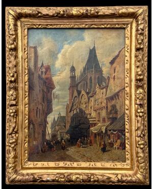 Oil painting on canvas depicting a city scene.