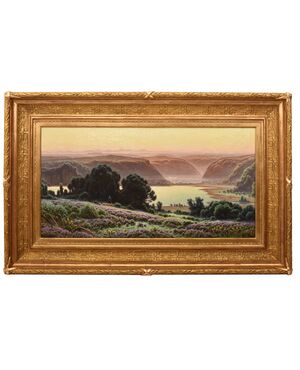 DIPINTI ANTICHI PAESAGGI, LAC DE CHAMBLY, DIDIER POUGET, OLIO SU TELA, PRIMI DEL NOVECENTO. (QP706)