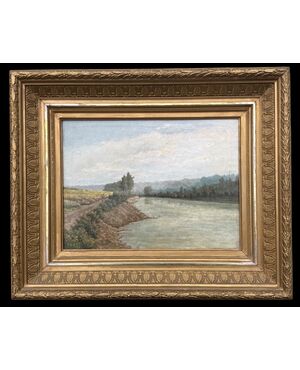 Dipinto olio su tela raffigurante paesaggio con fiume.Francia.