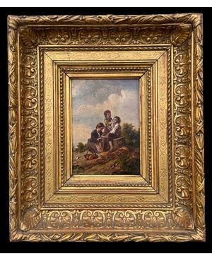 Dipinto olio su tavola raffigurante tre fanciulli in ambiente agreste.
