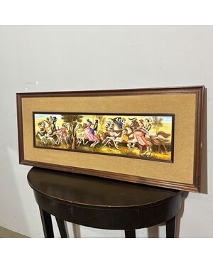 Antique ceramic tile panel showing knights by Franceschini Pesaro ZG, 1950. Dimensions: 103x43cm