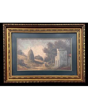 Dipinto olio su tela raffigurante paesaggio con figure ed architetture.