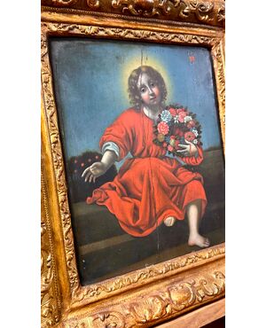 Oil painting on panel "Sacred Image of the Child with Garland of Flowers" - Early 19th century