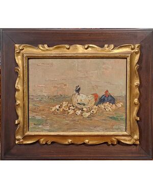 " SCENA RURALE CON GALLINE E PULCINI" - GIOVANNI LOMI (1889 - 1969)