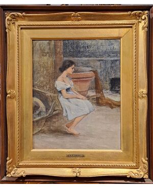 " GIOVANE DONNA SEDUTA CON CARRIOLA" - ADOLFO TOMMASI (1851 - 1933)