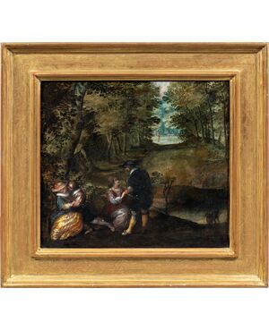 Lodewijk Toeput, detto Ludovico Pozzoserrato (Anversa o Malines 1550 ca. - Treviso 1604 o 1605) - Incontro fra dame e cavalieri in un paesaggio.