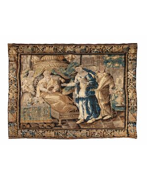 Arazzo raffigurante scena di interno con figure entro cornice a motivi, manifattura Aubusson, Francia, XVIII secolo