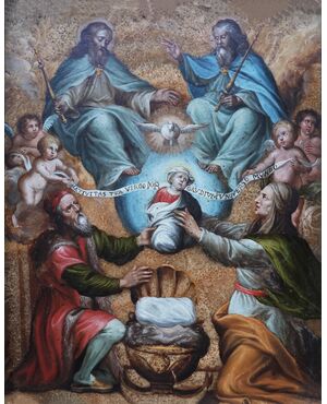 Philip Fruytiers attr., Anversa 1610 - Anversa 1666; San Gioacchino e Sant'Anna offrono Maria Bambina alla Santa Trinità, olio su alabastro