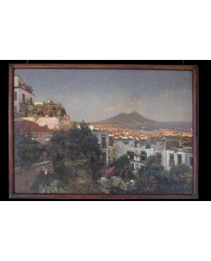 " Heinrich Hermanns " Dipinto raffigurante Veduta di Napoli, olio su tela