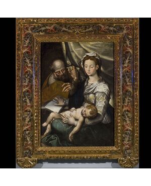 Dipinto olio su tela con cornice originale raffigurante Sacra Famiglia prima metà del 1600 Spagna