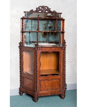 Walnut display cabinet with cherry wood interiors, original glassware, from Tuscany of the mid 19th century     