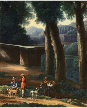 Angelo Giovanni known as Angeluccio, Landscape with hunters, oil on canvas     