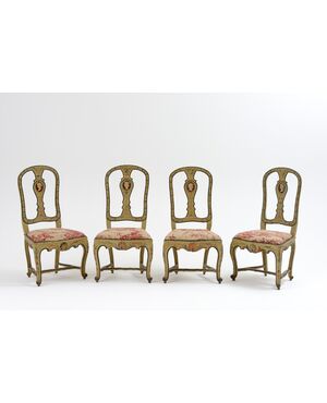 Central Italy, 18th century, Four lacquered and upholstered chairs in excellent conservation conditions     