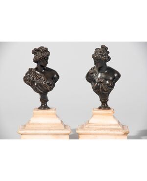 French School, 18th century, Pair of small female busts, bronze with marble pedestal     