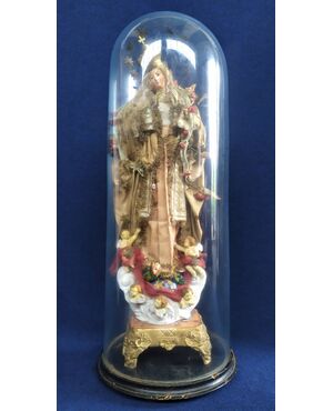Large crowned Madonna in glass case - cm 83 h - Italy 19th century     