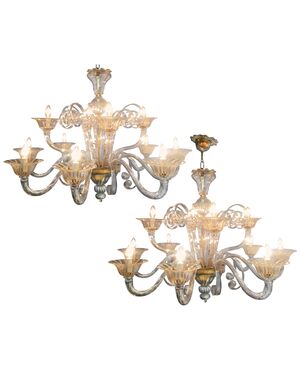 Charming Pair of Murano Chandeliers by Seguso, 12 Arms, Murano, 1980s
