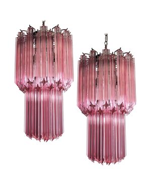 Charming Pair of Triedri Glass Chandeliers, Pink Prism, Murano
