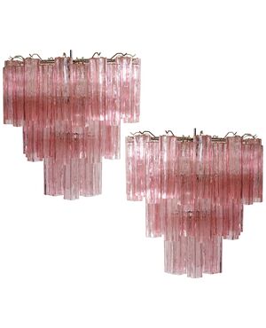 Pair Tronchi Chandeliers Toni Zuccheri Style, 48 Pink Glasses, Murano, 1990