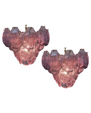 Pair of Italian Pink Shell Chandeliers, Murano