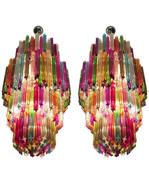 Pair of Monumental Multicolored Prism Chandeliers, Murano