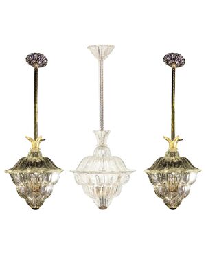 Trio of Chandeliers "The King", Gold Inclusion by Barovier & Toso, Murano, 1940s