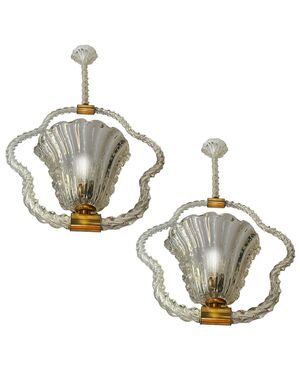 Pair of Art Deco Chandeliers by Ercole Barovier, Murano, 1940
