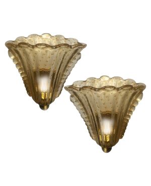 Fabulous Pair of Sconces 24-Karat Gold by Barovier and Toso, Murano, 1950s