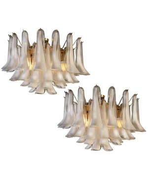 Spectacular Pair of White Petals Murano Glass Chandeliers