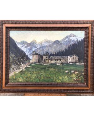 Dipinto olio su tela raffigurante paesaggio montano.Autore:Umberto Montini ( Milano 1897-Busto Arsizio 1978).