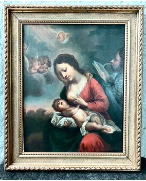Dipinto olio su tavola con Madonna che allatta Gesu’Bambino.Italia.