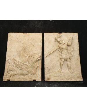 San Giorgio ed il Drago - 2 Bassorilievi - Marmo Bronzetto - 31 x 43 cm - Venezia