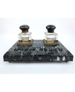Antique desk inkwell, in green Alpine marble     
