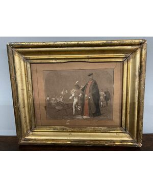 Antique 19th century Venice drawing in coeval gilded frame in mecca 37 x 30 cm     