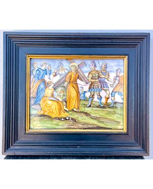 Polychrome majolica tile within an ebony frame depicting the scene of the Via Crucis.Candeloro Cappelletti.Castelli d&#39;Abruzzo.     